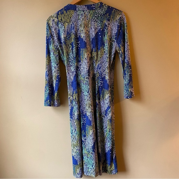 BCBGMAXAZRIA Designer Wrap Dress Medium Blue Yellow Floral Wrap 3/4 Sleeves - Picture 7 of 15